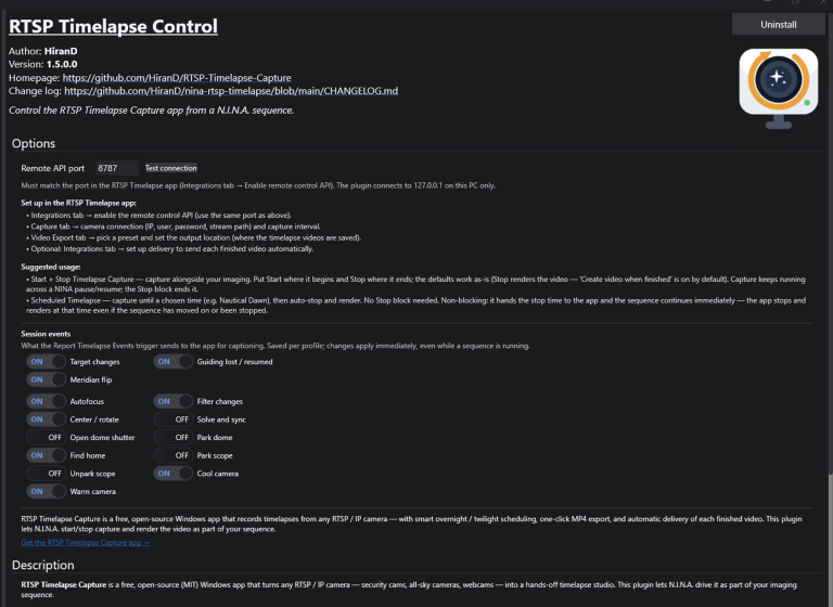 RTSP Timelapse Control plugin page in N.I.N.A., showing its options and session event toggles